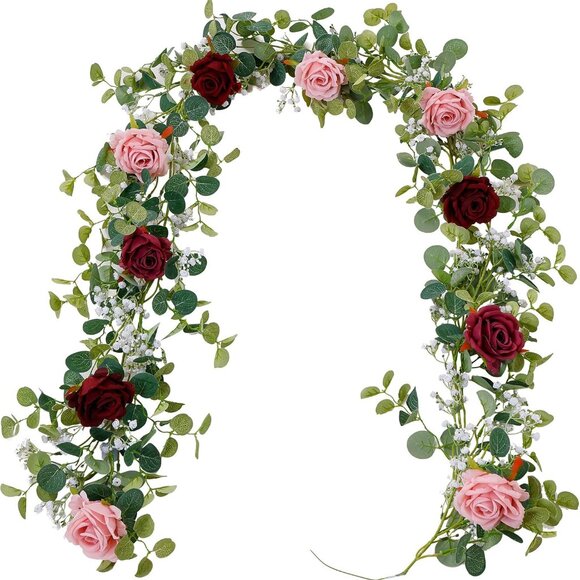 Other - 5.91FT Artificial Eucalyptus Garland with Roses and Gypsophila, Faux Floral Garl